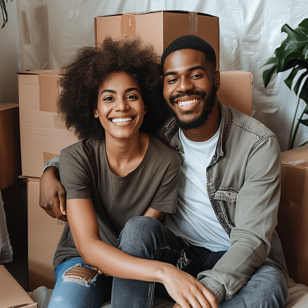 A happy couple surrounded by boxes indicating they have moved into a new home. This could be you if you compare first time buyer deals.
