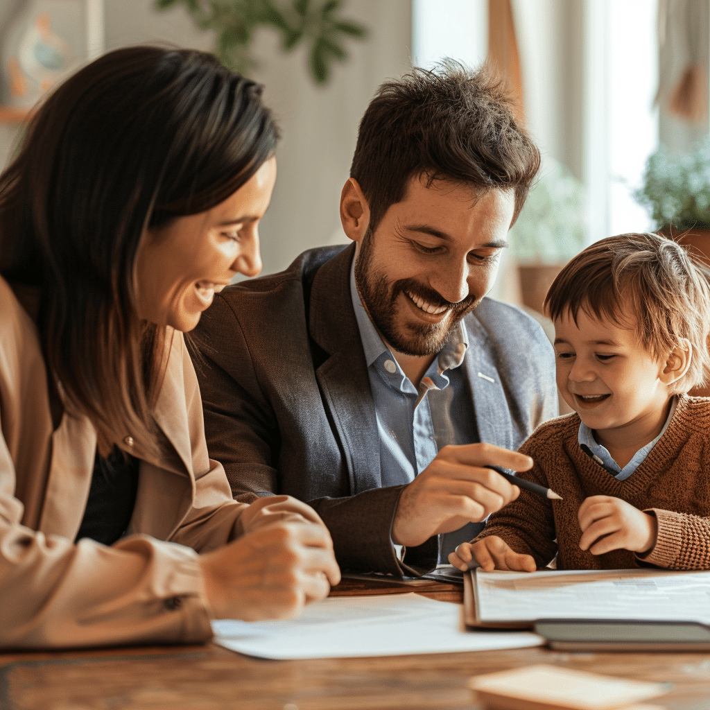 A happy family doing school work on a desk. Compare remortagge deals with us