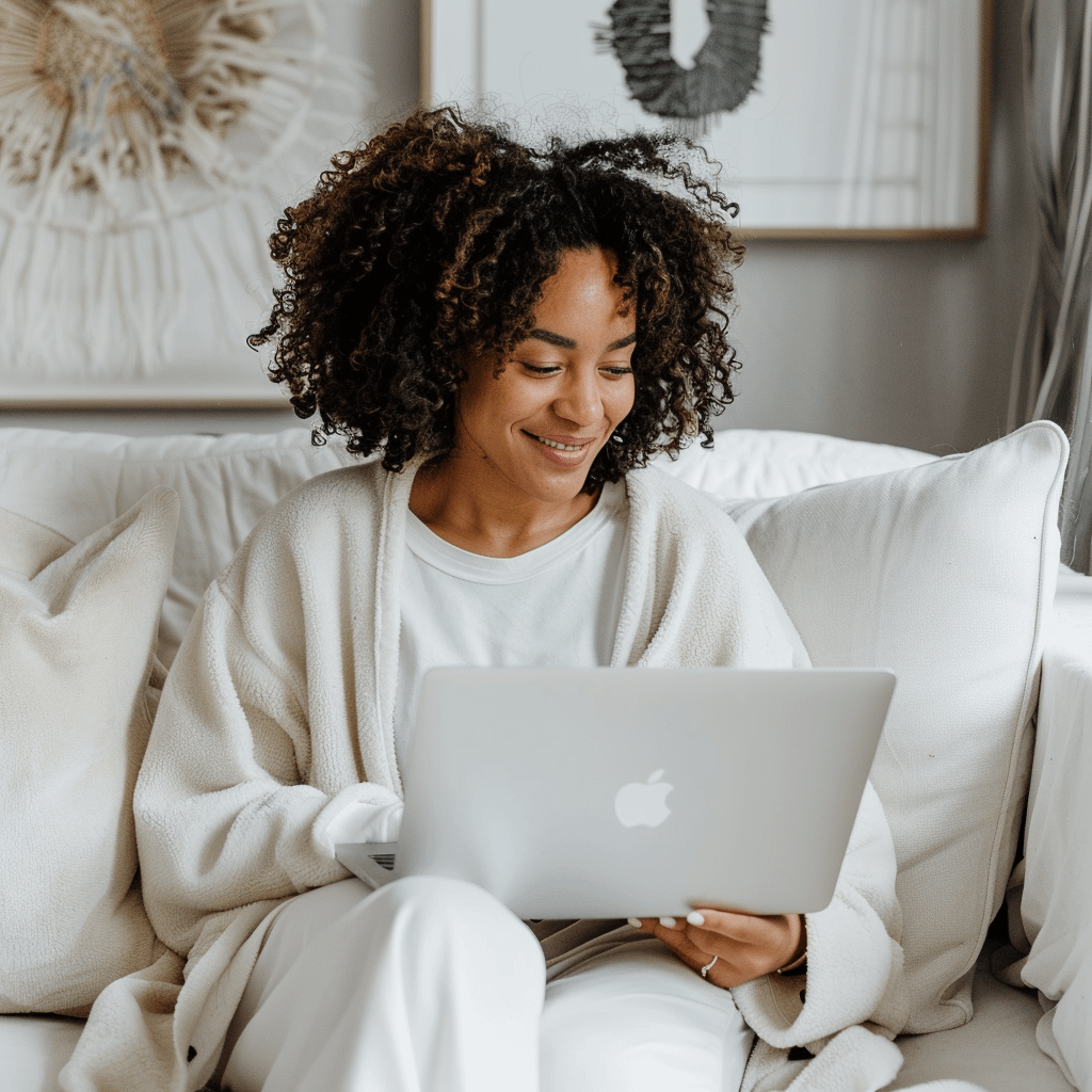 A woman sat on a comfy sofa comparing remortgage deals on her laptop