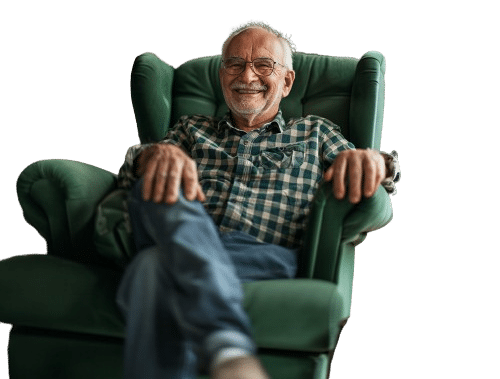 An image of an older man sat in a chair portraying mortgages for over 55's